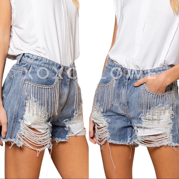Sparkle Embellished Fringe Distressed Denim Shorts - Picture 8 of 15